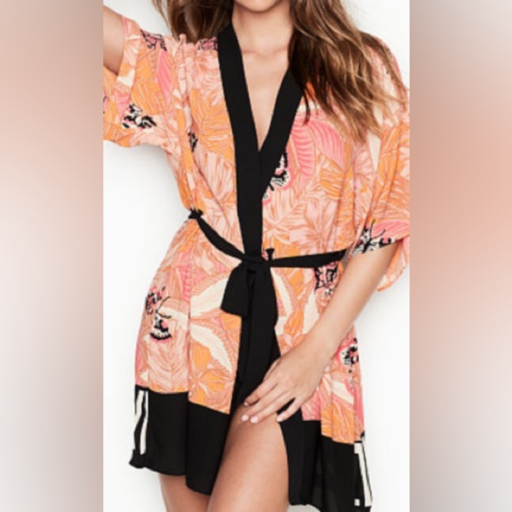 Victoria’s Secret Kimono Robe Sheer Lightweight Tropical Leopard Print Women XS